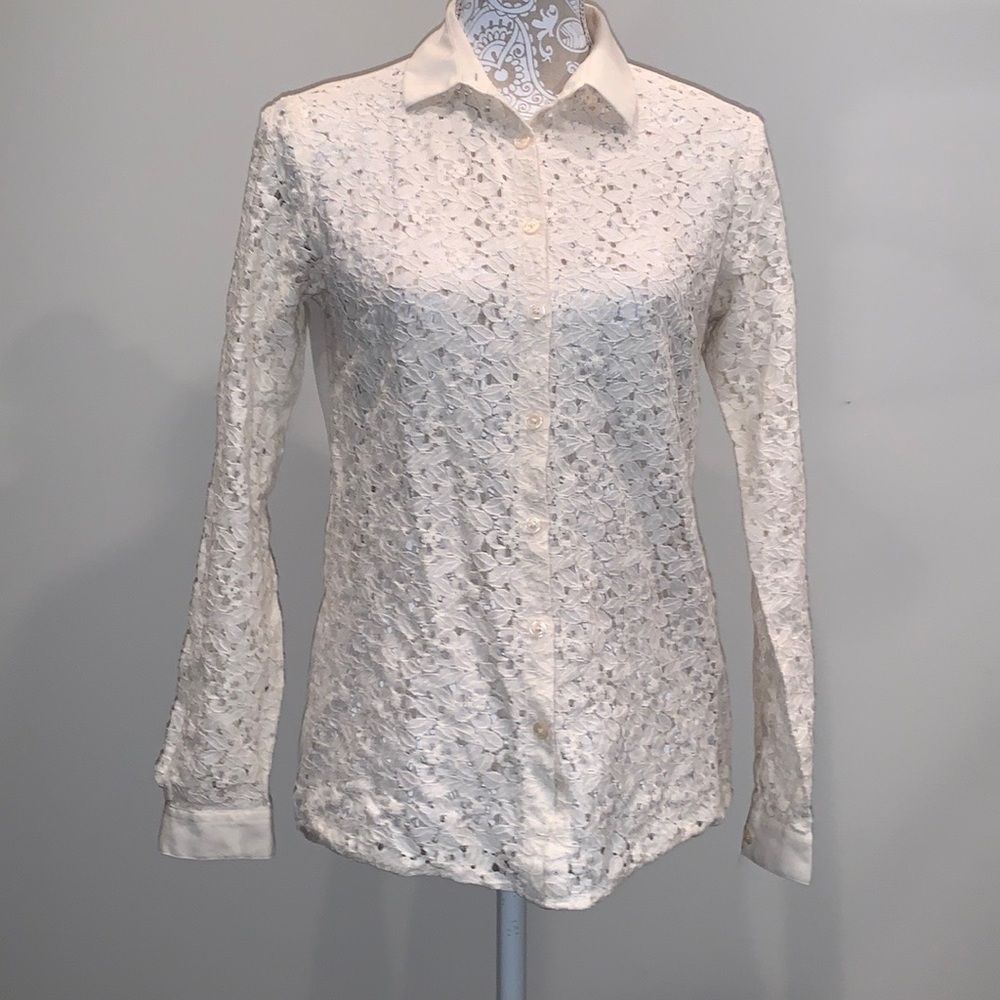 beige lace button up